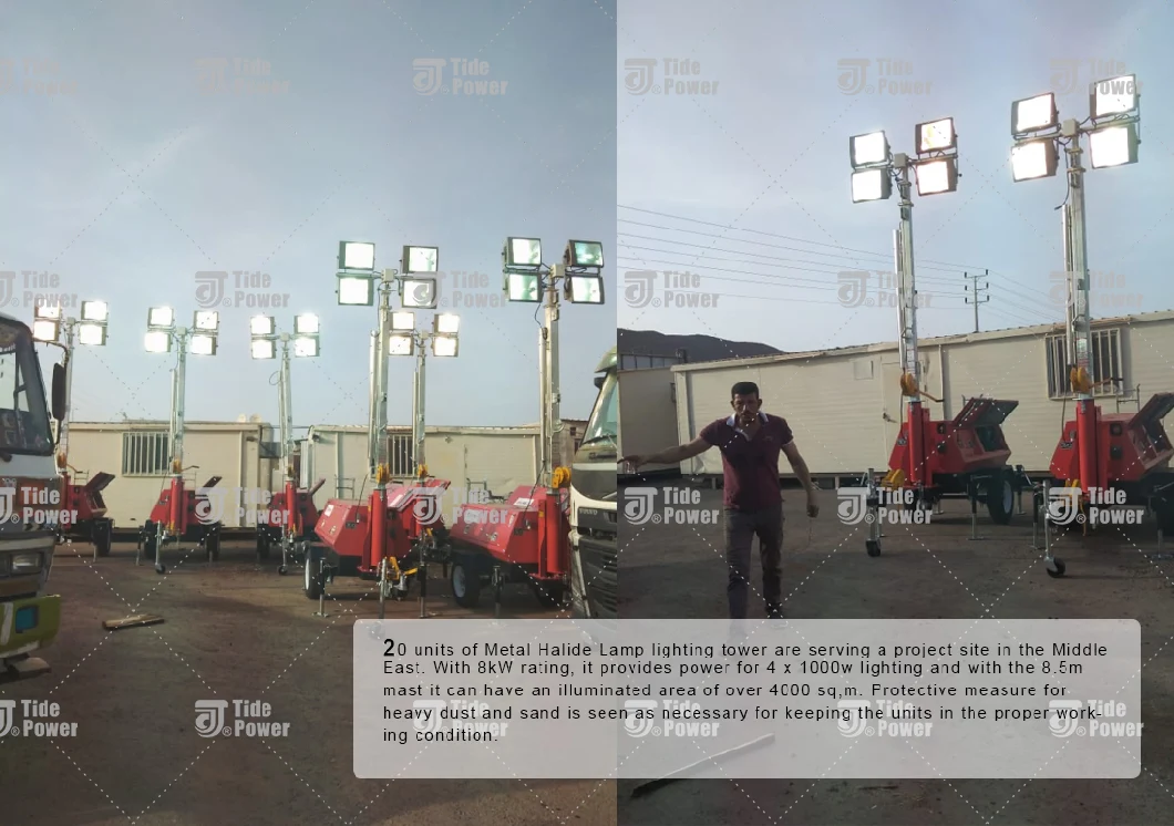 4kw 4.5kw 5.5kw 6.5kw 7.7kw 8kw Lighting Tower with 4*1000W LED Metal Halide Trailer Light Tower Price Vertical Manual Type